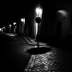 photo "Ночные фонари, доро́жный знак и улица"