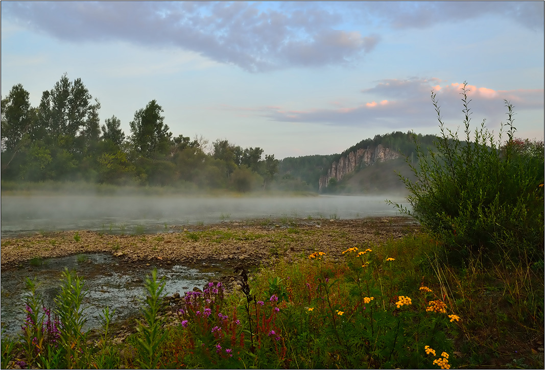 photo "***" tags: landscape, clouds, flowers, fog, morning, mountains, river, sky, summer, water, деревья